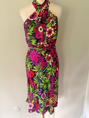 Trina Turk Muri Dress Size 4 NWT Tropical Floral Halter Belted Midi $348